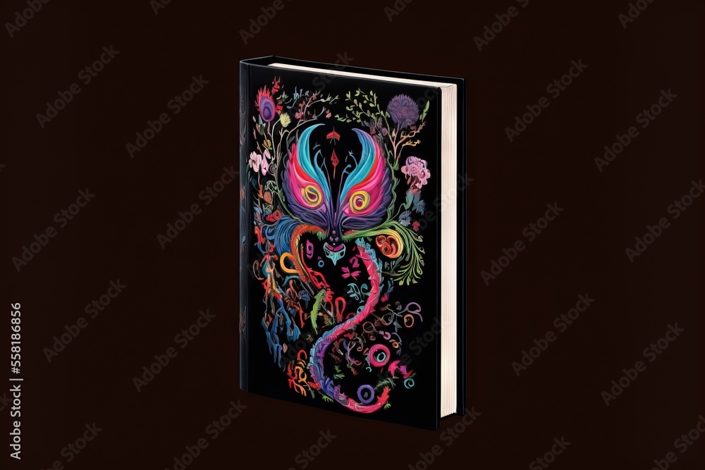 Poster a book with a colorful design on the front of the book is opened to show the inside of the book and 