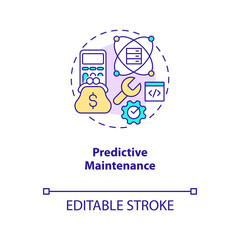 Predictive maintenance concept icon. AI and data science solution for business abstract idea thin line illustration. Isolated outline drawing. Editable stroke. Arial, Myriad Pro-Bold fonts used