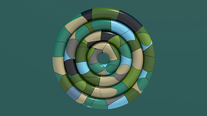 Group of colorful circle shapes, textured surface. Abstract illustration, 3d render.
