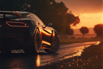  a sports car driving down a wet road at sunset or sunrise or sunset with trees in the background and the sun reflecting off the car's hood and the side of the car's. Generative AI