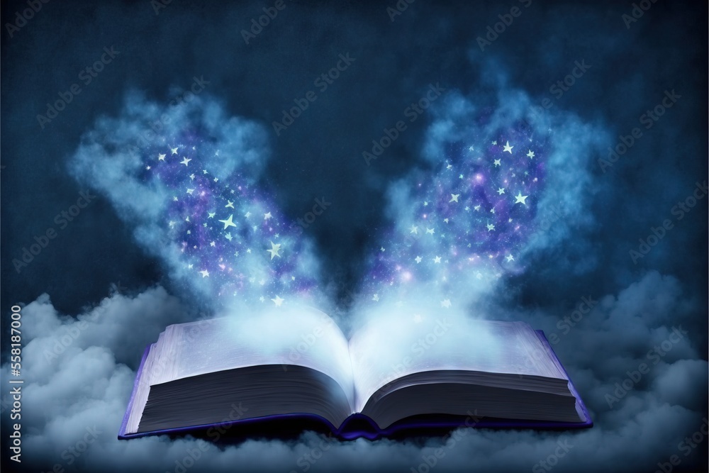 Poster an open book with a butterfly shaped light coming out of the book's pages in the clouds of smoke and