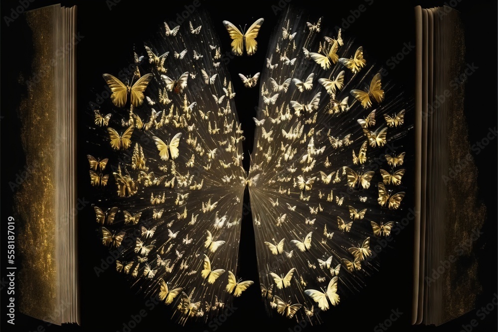 Poster a book with a bunch of butterflies on it's cover and a black background with a gold border around th