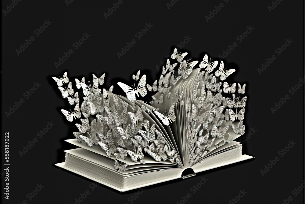 Poster an open book with butterflies flying out of it on top of a black background with a black background 