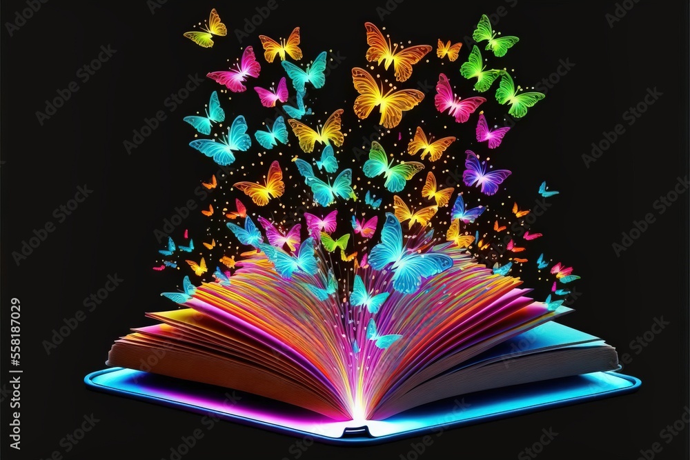 Poster an open book with colorful butterflies coming out of it on a black background with a black backgroun
