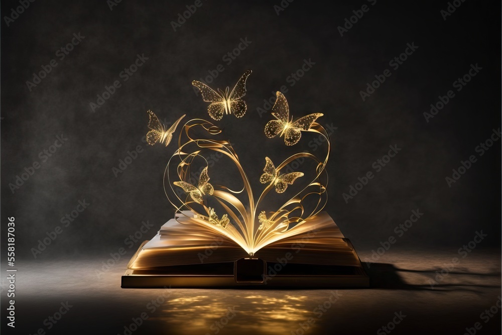 Poster an open book with butterflies flying out of it on top of a dark surface with a light shining on the 