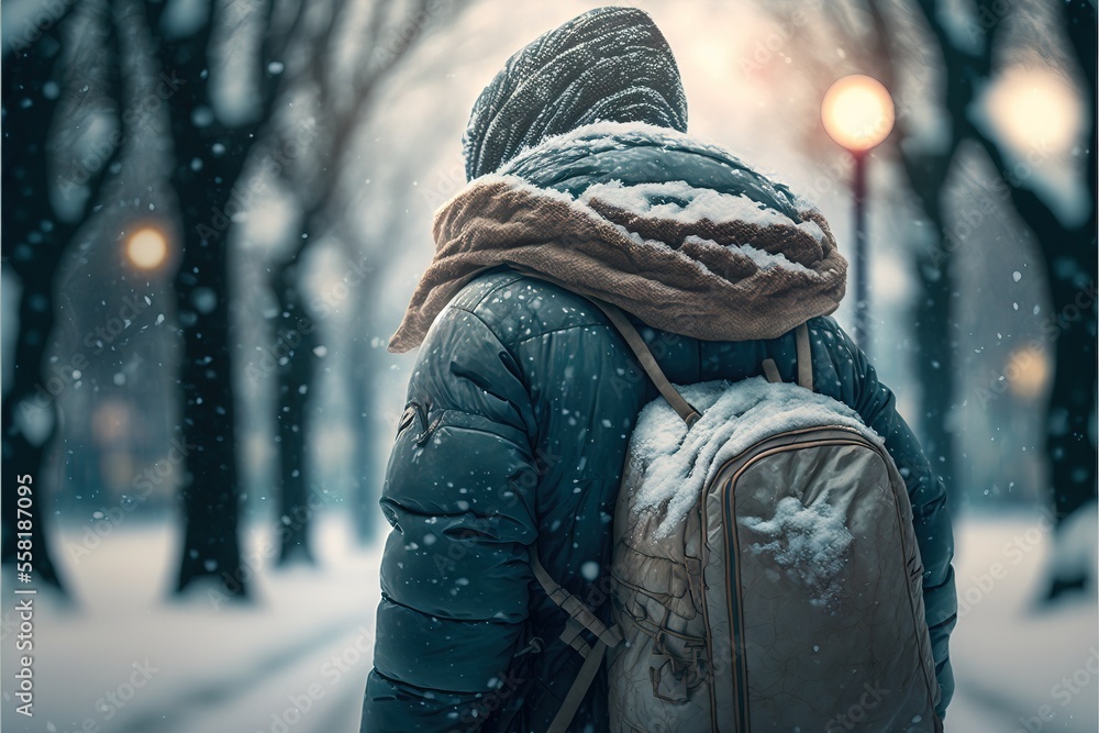 Poster a person walking in the snow with a backpack on their back and a street light in the background with