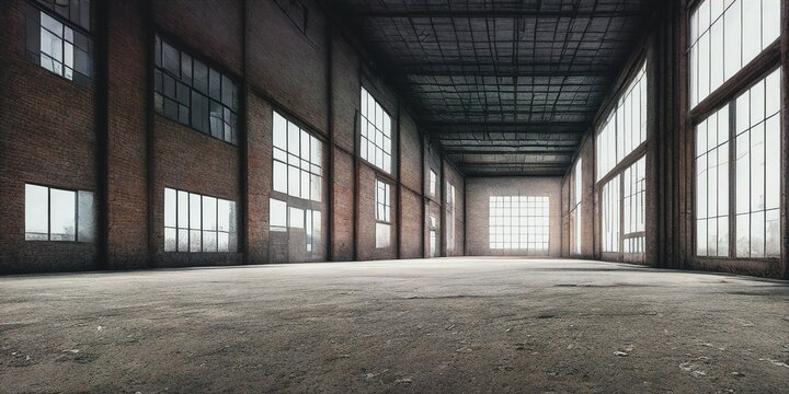 Empty long warehouse with large widows, Generative AI