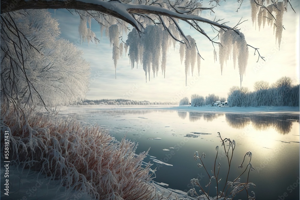 Poster a painting of a frozen lake with ice hanging off of it's sides and a tree in the middle of the lake 