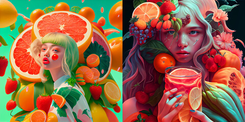 Colorful surreal illustration of girl with fruits and floral elements.
