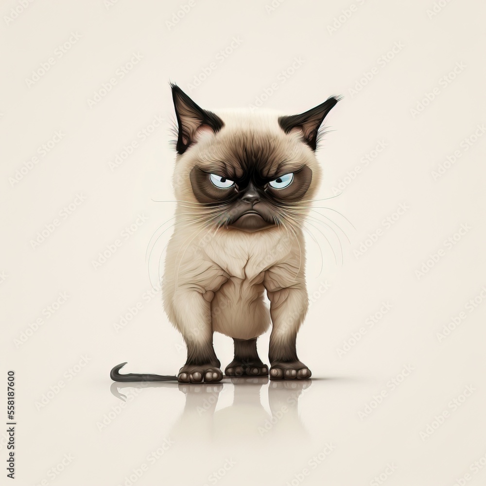 Poster a grumpy cat with blue eyes sitting on the ground with a mouse in front of it's head and a mouse in 