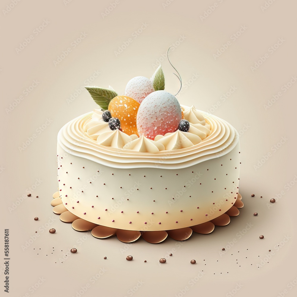 Poster a cake with three different colored balls on top and a leaf on the top of the cake, on a beige backg