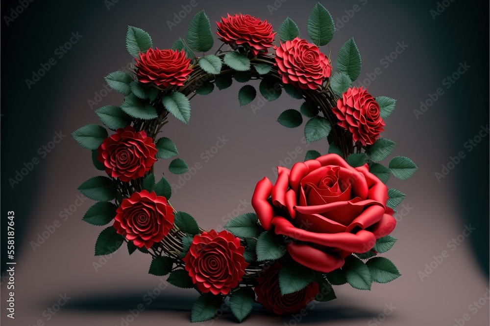 Poster a wreath of red roses with green leaves on a gray background with a shadow of a rose in the center o