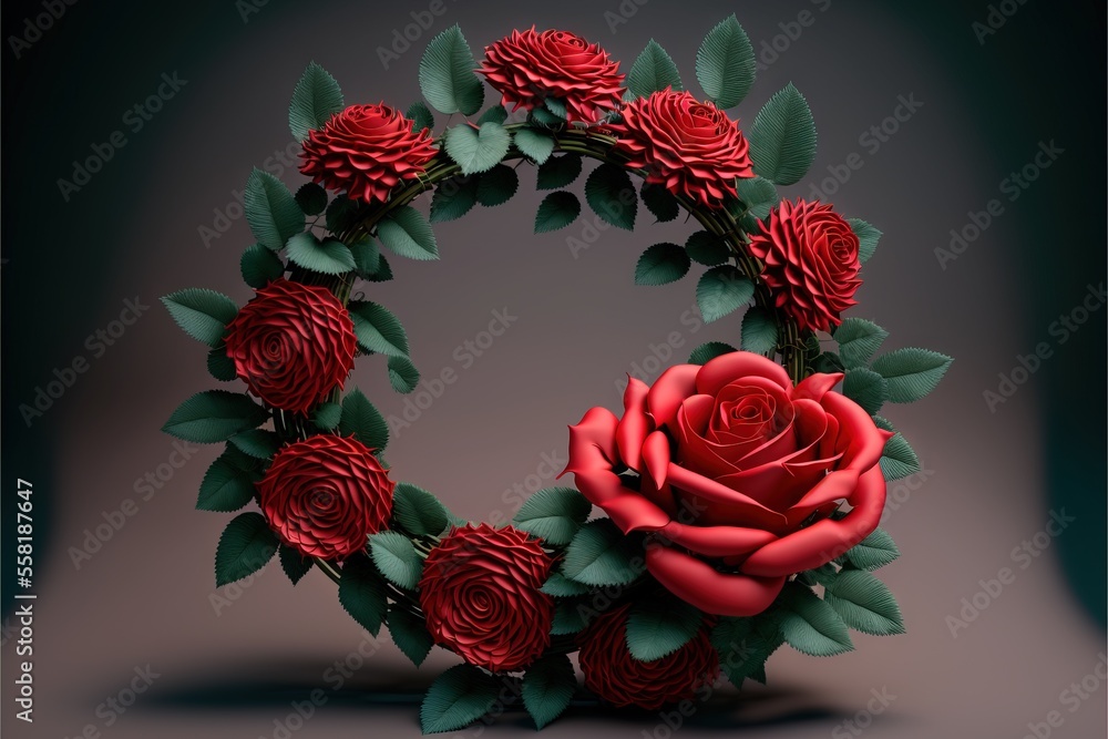 Poster a wreath of red roses with green leaves on a gray background with a shadow in the middle of the fram