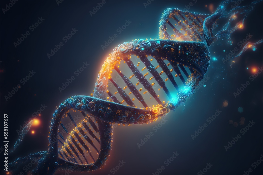 Poster a 3d rendering of a double - stranded strand of blue and yellow strands with glowing lights on a dar