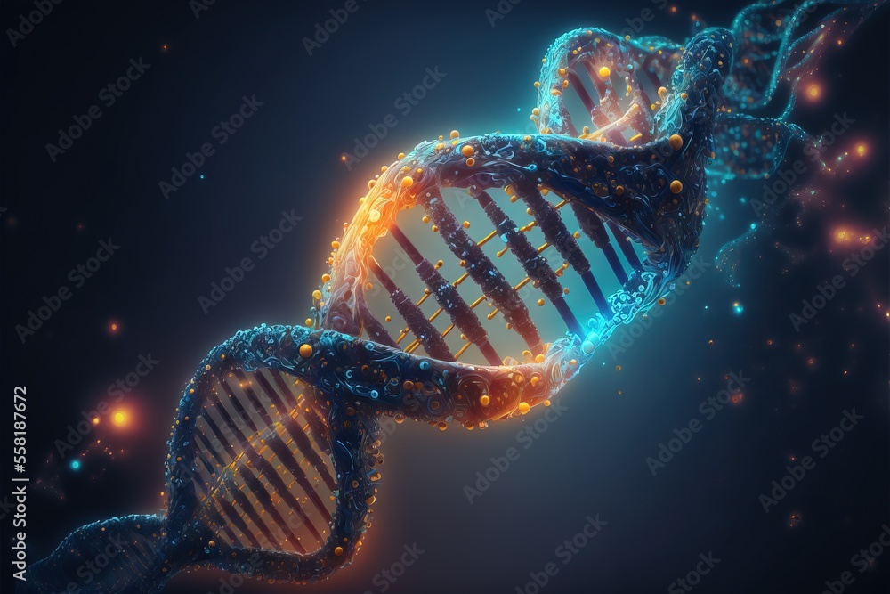 Poster a 3d rendering of a double - stranded strand of blue and yellow strands with glowing lights in the b