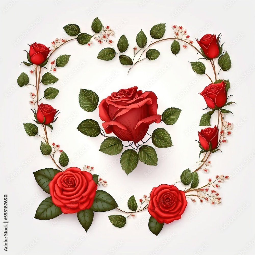 Poster a heart shaped frame with red roses and leaves on a white background with a place for the text in th