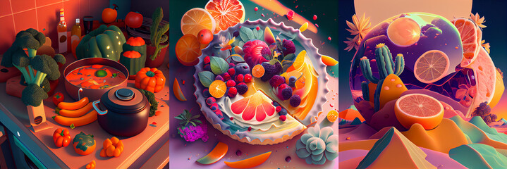 Beautiful illustration of sweets, fruits and foods.