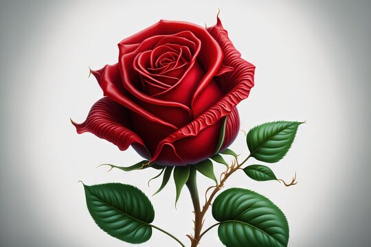 a single red rose with green leaves on a white background with a gray back ground and a light gray back ground with a white back ground and a gray back grou Generative AI