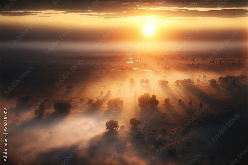 Poster the sun is setting over a foggy field with trees in the foreground and a river in the distance in th
