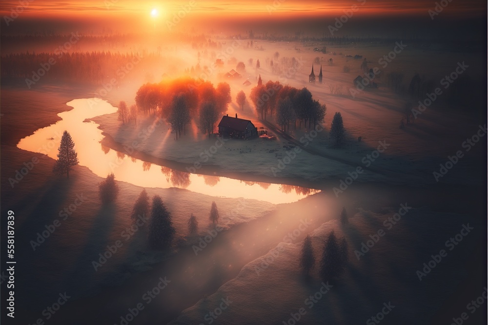 Poster a house in the middle of a snowy field with a river in the foreground and a sunset in the background