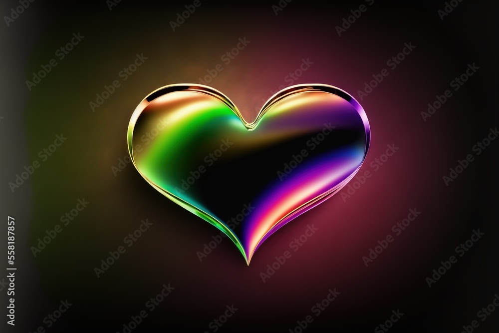 Poster a heart shaped object with a rainbow light in the middle of the heart, on a black background with a 