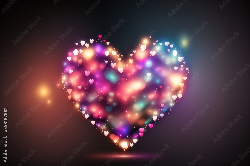 Poster a heart shaped object with many small hearts on it's sides and a blurry background with lights in th