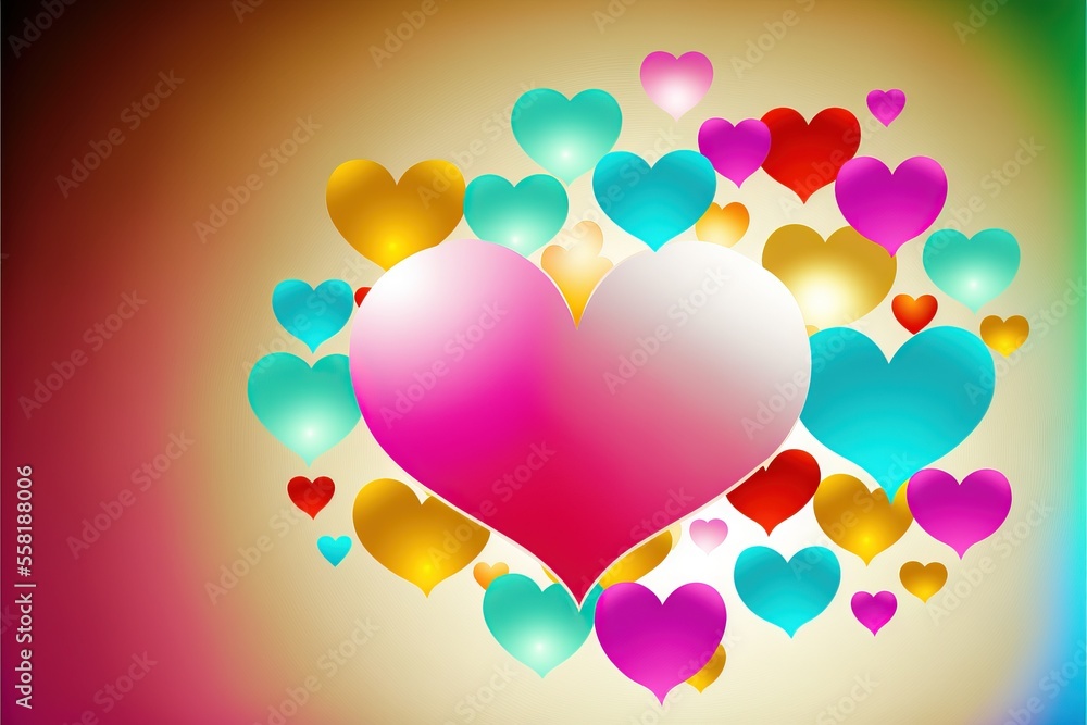 Poster a colorful heart surrounded by many smaller heart shaped hearts on a multi - colored background with