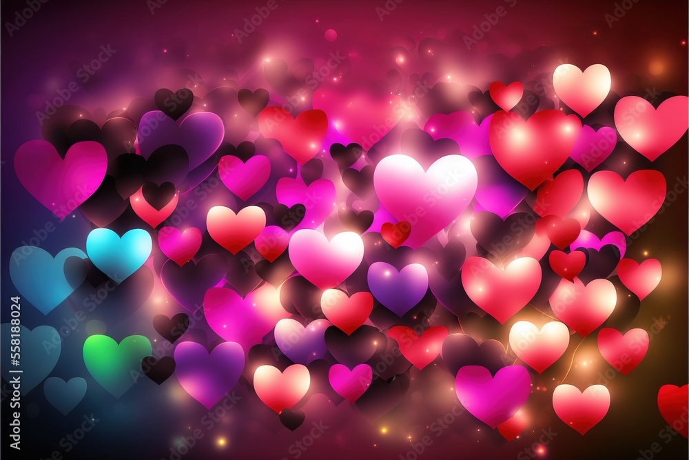 Poster a large group of hearts on a dark background with a bright light coming out of the middle of the ima