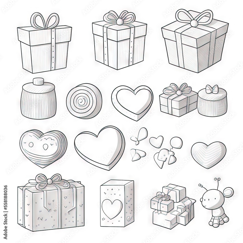 Poster a bunch of different types of gifts on a white background with a black and white outline of the box 