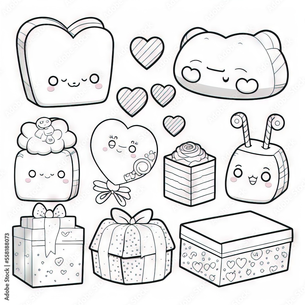 Poster a drawing of a bunch of different items on a white background with hearts and hearts on the top of t