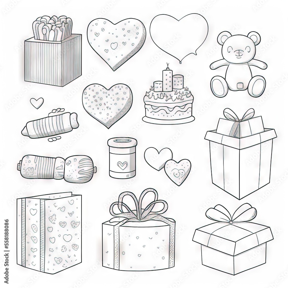 Aufkleber a drawing of a bunch of gifts and a bear with a heart on top of it and a box with a candle and a hea