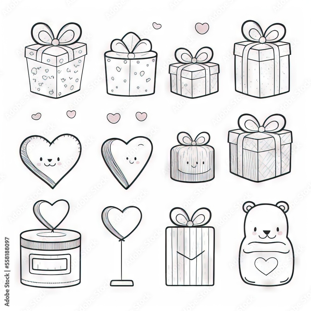 Poster a drawing of a bunch of presents with hearts and hearts on them, and a bear with a bow and a heart o