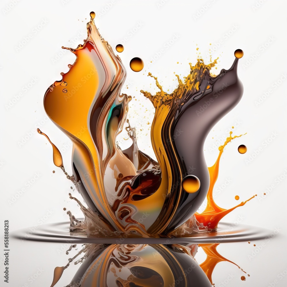 Poster a liquid splashing out of a liquid bottle into a body of water on a white background with a reflecti