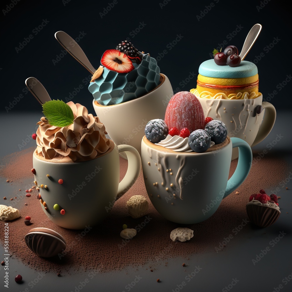 Aufkleber a group of three cups filled with different types of desserts and toppings on top of a table next to