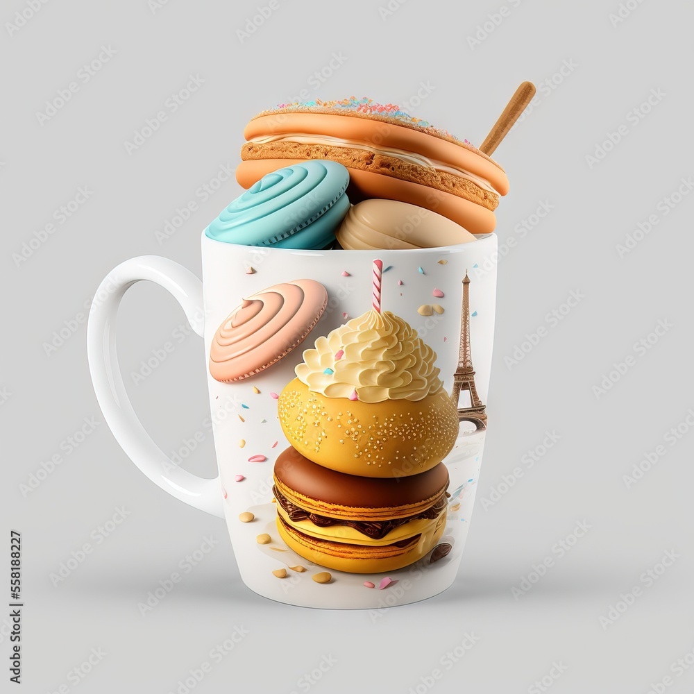 Poster a coffee cup with a picture of a doughnut and macaroni and cheese on it and a straw in the middle of