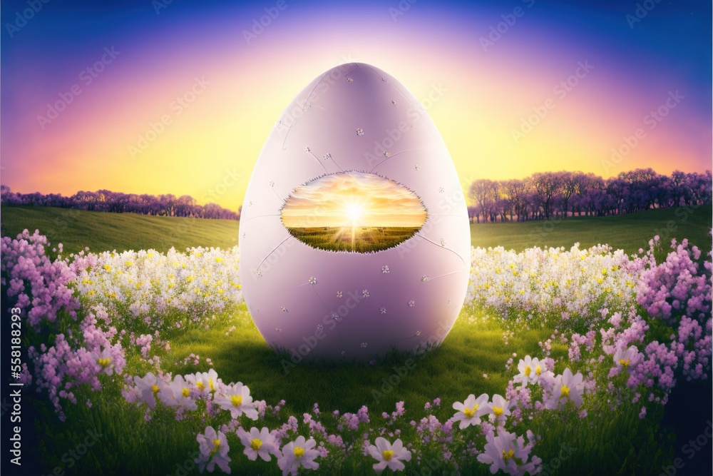 Aufkleber an egg with a hole in the middle of it in a field of flowers with the sun setting in the distance be