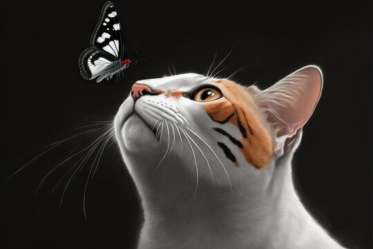  A Cat Looking Up At A Butterfly On A Black Background With A White And Orange Cat Looking Up At A Butterfly On A Black Background With A Black Background With A Generative AI