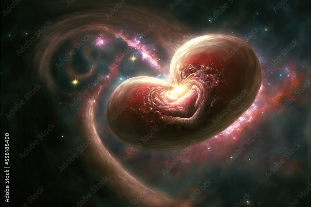 Poster a heart shaped object in the middle of a space filled with stars and a spirally shaped object in the