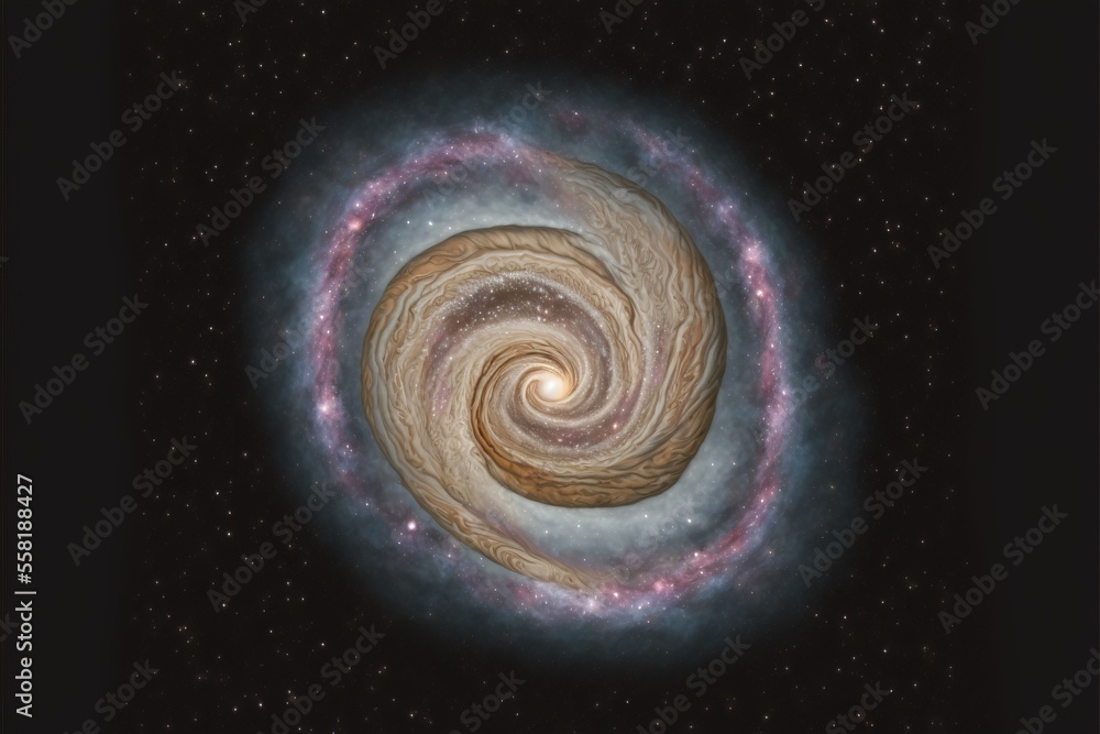 Poster a spiral shaped object in the middle of the night sky with stars around it and a black background wi