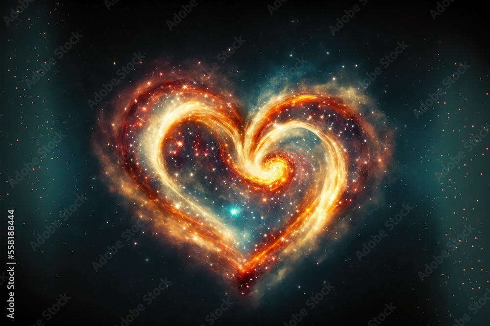Poster a heart shaped object with a star field in the middle of the image and a blue background with a yell