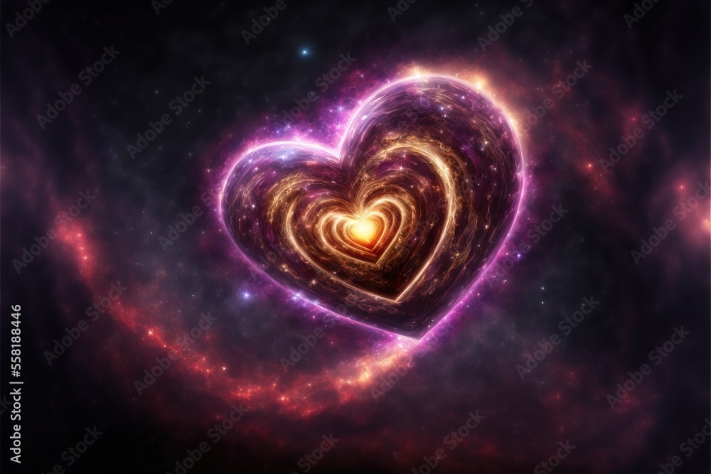 Poster a heart shaped object in the middle of a space filled with stars and a lightening disk in the center