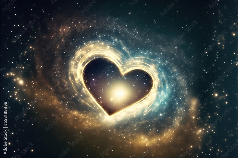 Poster a heart shaped object in the middle of a space filled with stars and a black hole in the middle of t