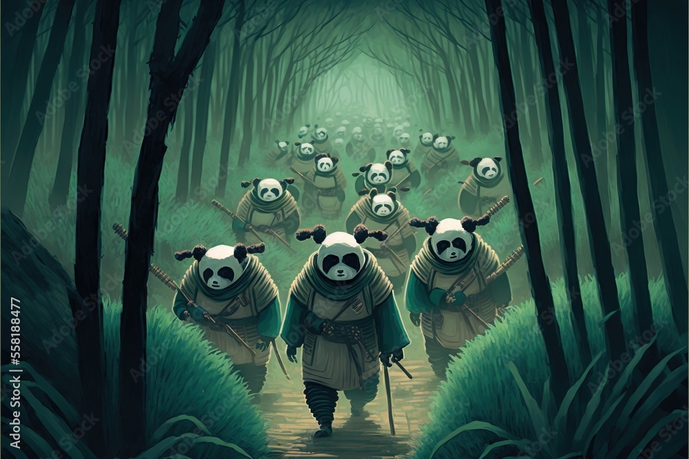 Poster a group of pandas walking through a forest with a person in the middle of the forest holding a cane 