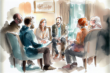 People in therapy session, psychologist, watercolor paint - obrazy, fototapety, plakaty