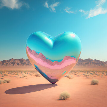 Minimal love concept of transparent glass heart shaped in the middle of sandy desert. Soft pastel colors. Creative Valentine's Day. Illustration. Generative AI.