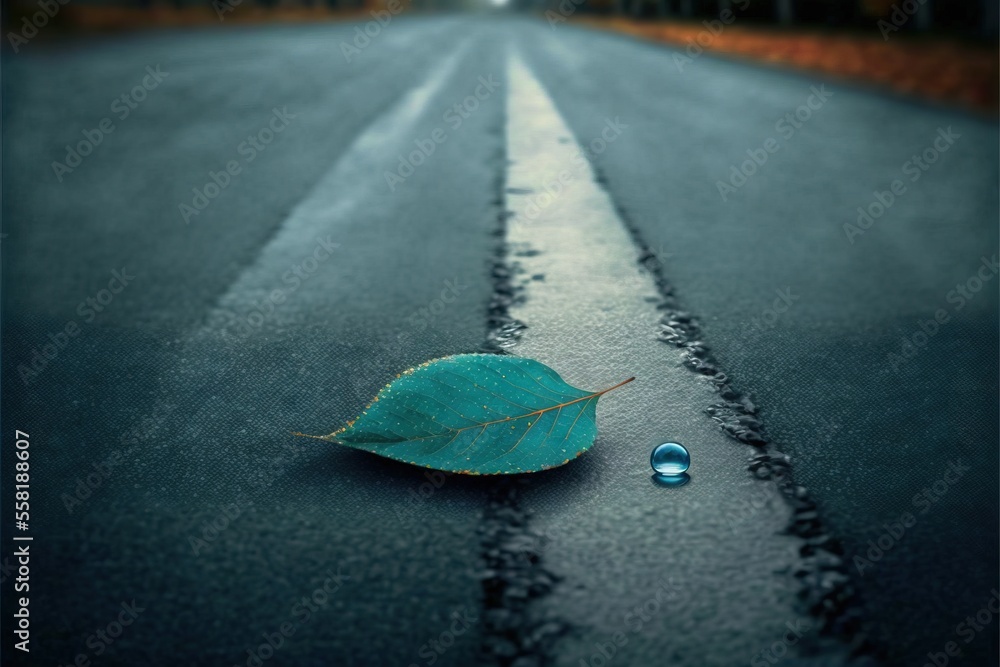 Poster a single leaf laying on the side of a road with a drop of water on the road in front of the picture 