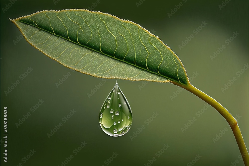 Poster a green leaf with a drop of water on it's end and a green background with a green background and a g