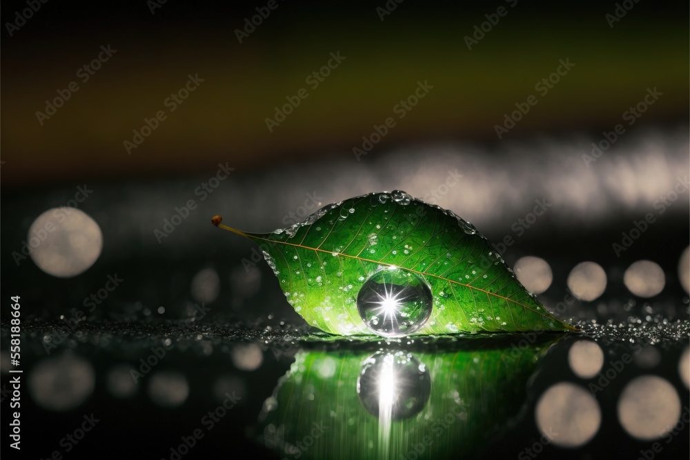 Poster a green leaf with water droplets on it sitting on a surface with a reflection of the leaf on the sur
