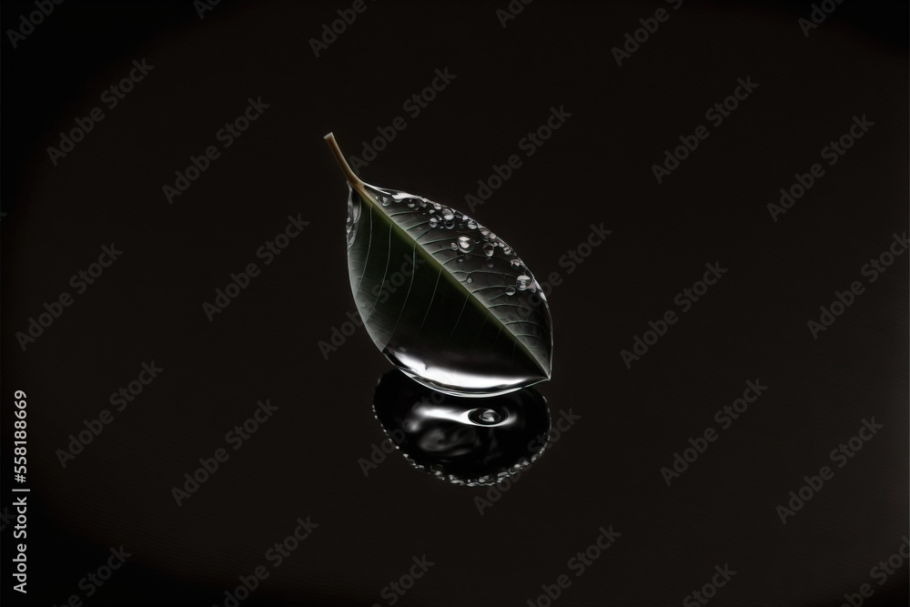 Poster a leaf with drops of water on it is reflected in a puddle of water on a black surface with a black b