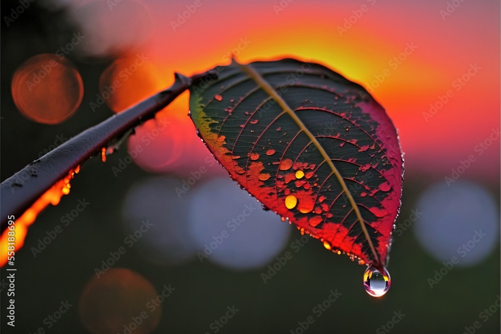 Poster a leaf with drops of water on it is shown in front of a colorful sky and a blurry background is show